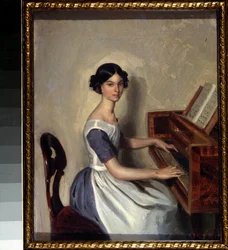 Portret van Nadezhda Zhdanovich aan het klavecimbel