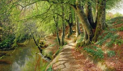 Een bebost rivierlandschap (olieverf op doek)