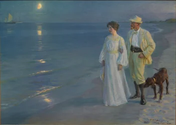 Deens: Sommeraften ved Skagens Strand Zomeravond op het strand van Skagen. De kunstenaar en zijn vrouw.
