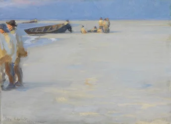 Vissers op het noordelijke strand van Skagen. Zomeravond