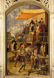 Inquisitie: Autodafe voorgezeten door Sint Dominica de Guzman (1170-1221), stichter van de Dominicaanse Orde