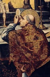 De Eucharistie (De heilige heft de hostie op, een christelijk symbool van het lichaam van Christus). Detail van het altaarstuk van De Mis van Gregorius I, genaamd de Grote of Dialoog (540-604) Paus in 590. Schilderij door Pedro Berruguete (1450-1504). Rena