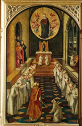 De Maagd verschijnt aan een gemeenschap van Dominicaanse monniken en zegent hen ... (schilderij op hout)