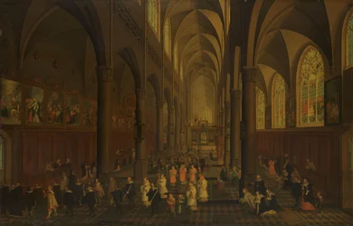 Het interieur van de Dominicanenkerk, Antwerpen, kijkend naar het oosten, met de processie van het Heilig Sacrament