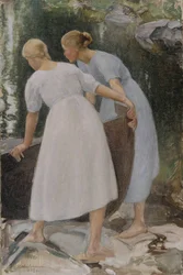 Meisjes die een boot duwen, 1925