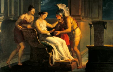 Ariadne geeft Theseus draad om het labyrint te verlaten