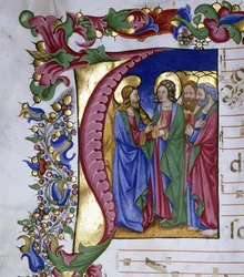 Christus onderwijst zijn discipelen, binnen een initiaal "I", ca.1480
