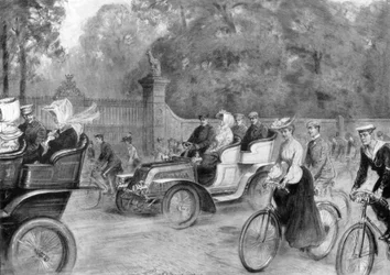 Motoren en fietsen in Kensington High Street, Londen, 1903