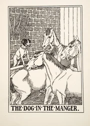 De hond in de voerbak, uit Honderd fabels van Aesopus, gepubliceerd 1903