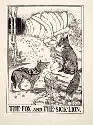 De Vos en de Zieke Leeuw, uit Honderd Fabels van Aesopus, uitgegeven 1903 (gravure)