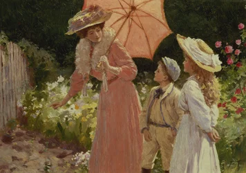 Een Dame met een Parasol die laat zien hoe je een Aardbeienvat maakt