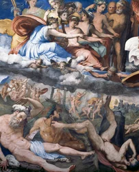 Val van reuzen of Jupiter die bliksemschichten werpt naar opstandige reuzen