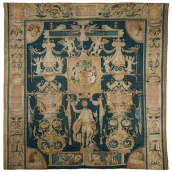 Allegorisch wandtapijt met Neptunus uit de Doria Grotesken serie, met een centraal figuurlijk rondel boven Poseidon, Brussel, ca. 1545-50