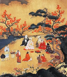 Vrouwen kijken naar esdoorns in Takao, scherm, Azuchi-Momoyama Periode (1568-1600), Japan 16e eeuw, (detail)