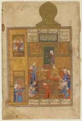 Bahram Gur en de Prinses in het Gele Paviljoen uit een Khamsa (Kwintet) door Nizami, c.1550