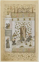 Bahram Gur en de prinses in het witte paviljoen, uit een Khamsa, ca. 1600-10
