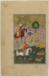 Bahram Gur jaagt met Azada, uit een Khamsa, ca. 1580