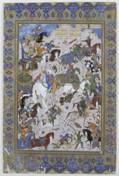 Slag tussen Khusrau en Bahram Chubaina, uit het gedicht Layla en Majnun oorspronkelijk door Nizami, 1540