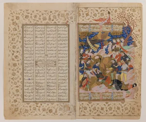 Dubbele pagina met illustratie uit een Shahnamah-manuscript