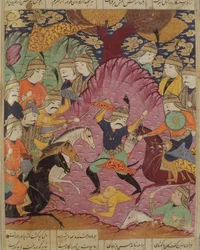 Gevecht tussen Bahrama en Tazaw, illustratie uit de Shahnama (Boek der Koningen) door Abul-Qasim Manur Firdawsi (ca. 934-ca. 1020) 1619