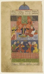 Folio uit een Khamsa: Bahram Gur en de prinses in het rode paviljoen, ca. 1560