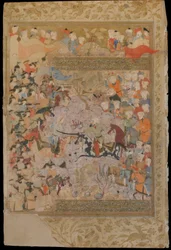 Folio uit Rawzat al-safa (Tuin van gelukzaligheid) door Mirkhwand; De slag tegen de Byzantijnen om Aleppo