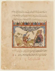Folio uit een Arabische vertaling van de Materia Medica door Dioscorides; recto: een arts behandelt een geblinddoekte man; verso: tekst, 1224
