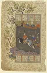 Kay Khusraw, Farangis en Giv kruisen de Jayhun uit een Shahnama (Boek der koningen), ca. 1590-1600 (inkt, dekkende waterverf en goud op papier)
