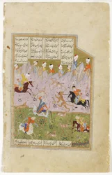 Khosrow en Shirin jagen op leeuwen, c.1580