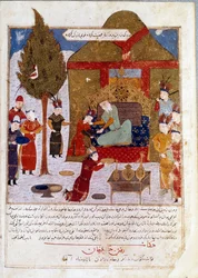Mongoolse keizer Dzjengis Khan op zijn troon in een kamp nabij Ilmil met zijn kleinzonen Quibalai en Hule Gu