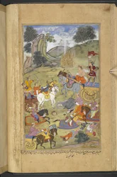 De god Agni creëert het vuur om zijn schoonvader Raja Niladhvaja van Malwa te helpen terwijl Arjuna de vlammen blust met magische pijlen die waterbronnen produceren (Ahmad Kashmiri) uit de 