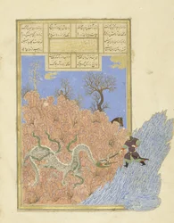 Gushtasp doodt de draak, illustratie uit de Shahnama (Boek der Koningen)