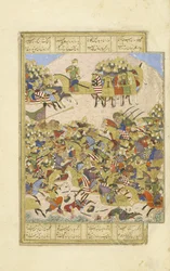 Gushtasp in gevecht met Asjasp bij Balkh, illustratie uit de Shahnama (Boek der Koningen)