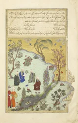 Firdausi ontmoet de hofdichters van Ghazni, illustratie uit de Shahnama (Boek der Koningen)