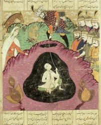Rostam trekt Bijan uit de grot, illustratie uit de Shahnama (Boek der Koningen)