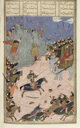 Rustam Sleurt de Khaqan van zijn Olifant, illustratie uit de Shahnama (Boek der Koningen) door Abul-Qasim Manur Firdawsi, ca. 1440-45