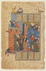 Rustam en zijn mannen vallen het paleis van Afrasiyab aan uit een Shahnama
