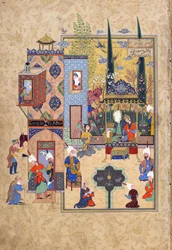 Salomon en Bilqis zitten samen en praten openhartig, folio uit een Haft awrang (Zeven tronen) door Jami (gest. 1492) waarschijnlijk Mashad, Khurasan, Iran, Safavid dynastie, 1556-1565