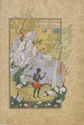 De Oost-Afrikaan kijkt naar zichzelf in de spiegel, folio uit een Haft awrang (Zeven tronen) door Jami (gest. 1492) waarschijnlijk Mashad, Khurasan, Iran, Safavid dynastie, 1556-1565