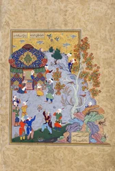 De vlucht van de schildpad, folio uit een Haft awrang (Zeven tronen) door Jami (gest. 1492) waarschijnlijk Mashad, Khurasan, Iran, Safavid dynastie, 1556-1565