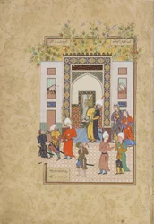 De jonge getuige getuigt van Yusufs onschuld, folio uit een Haft awrang (Zeven tronen) door Jami (gest. 1492) waarschijnlijk Mashad, Khurasan, Iran, Safavidische dynastie, 1556-1565