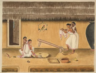 Vrouwen pellen rijst met een dhenki, ca. 1840 (waterverf op papier)