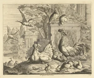 Haan, hen met kuikentjes en andere vogels in een tuin met antieke ruïnes Verschillende vogels (serie)