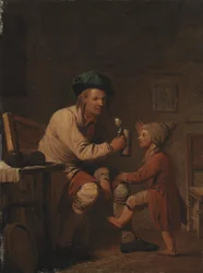 Een boer geeft zijn zoon iets te drinken