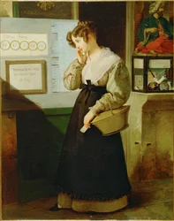 Maedchen vor einem Lotteriegewoelbe - Meisje voor een loterijwinkel ... (schilderij op doek)