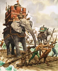 Hannibal en zijn olifanten steken een rivier over op een vlot