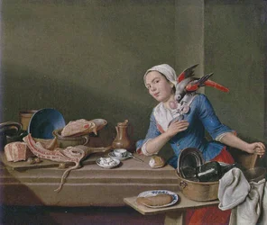 Keukenstilleven met vrouwenfiguur en papegaai (Het gevoel)
Alternatieve titel(s):

Het Gevoel