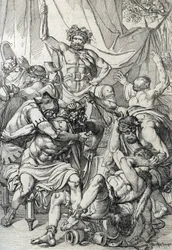 Heptarchie: voorstelling van de Angelsaksische leider Hengist (5e eeuw) die zijn vijanden doodt om het koninkrijk Kent te stichten, circa 461 (tekening met veer)