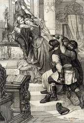 Moskou-opstand van 1682 (opstand van de streltsy van 1682): Tsarina Natalia Narychkina beschermt haar zoon prins Peter (1672-1725) tegen aanvallen van de streltsy, Rusland