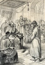 Queril van de investituren, boetedoening van Canossa: In Canossa smeekt keizer Hendrik IV van het Heilige Roomse Rijk in boetekleed om vergeving van paus Gregorius VII (januari 1077)